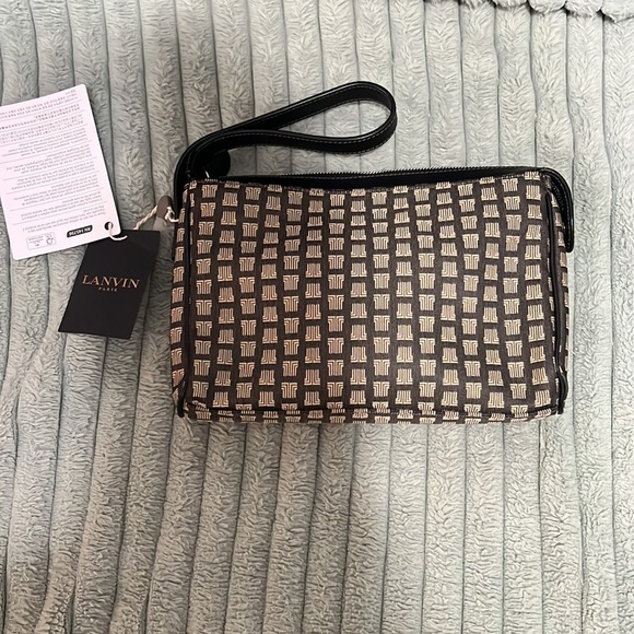 Lanvin Vintage Monogram Logo Textile Clutch Tan Beige Wristlet NWT - Picture 10 of 11
